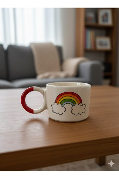 PALTO TASARIM Gökkuşağı Krem Parlak Düğüm Kulp Fincan - Hediye Seramik Fincan
