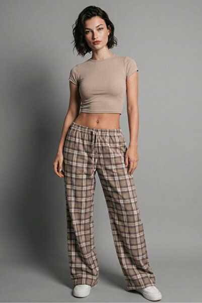 Madmext Μπεζ καρό παντελόνι με ελαστική μέση και φαρδιά μπατζάκια MG2658