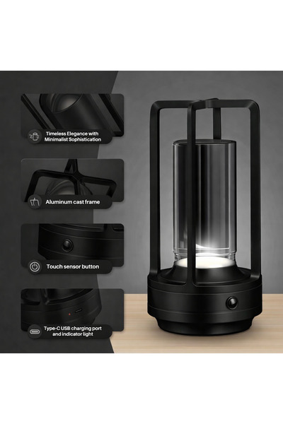 Taimi فانوس كريستالي أسود عصري – مصباح طاولة لاسلكي قابل لإعادة الشحن عبر منف...