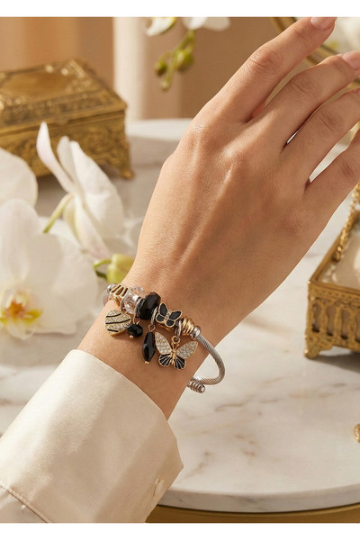 Duke Nickle Black Butterfly Charm Women's Bracelet - Elegant Design with Ston...