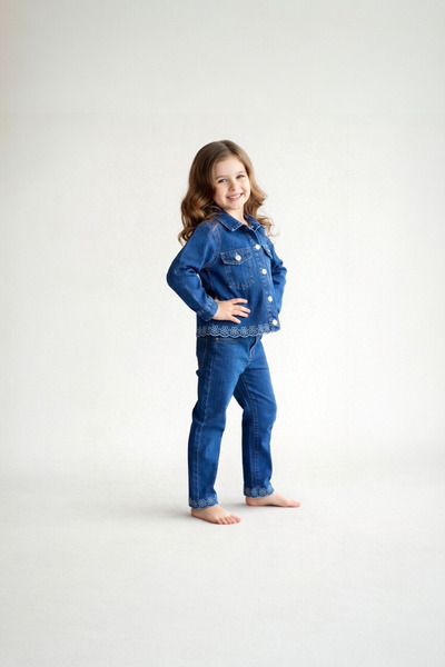 UNICORN Kız Çocuk Çiçek Nakışlı Kot Ceket & Pantolon Takımı-%100 Pamuk Denim