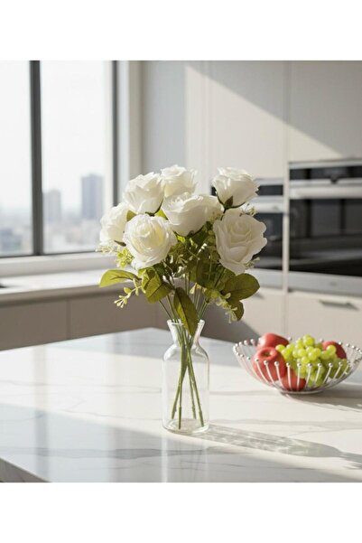 YASİMA 7 Kafalı Şimşir Aranjmanlı Beyaz GÜL Demeti Buket Gül Vazo Saksı Dekor...