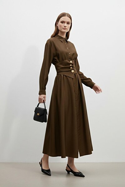 Soul Women's Shirt Collar Buttoned Waist Cincher Long Dress-32455Elb - Brown