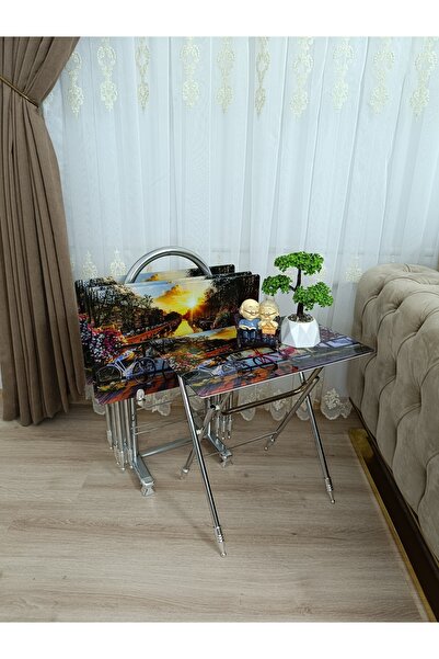 EVKO MOBİLYA Çanta Zigon Sehpa, 4'lü Sehpa, Zigon Sehpa, Servis Sehpası, Caml...