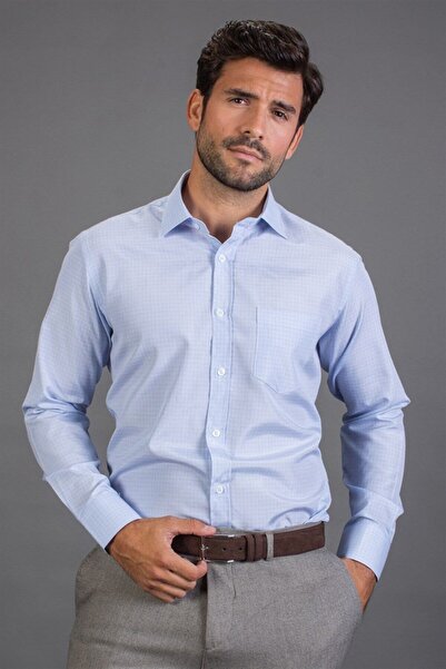 Tudors Klasik Fit Uzun Kollu Pamuklu Kolay Ütü Çizgili Erkek Mavi Gömlek