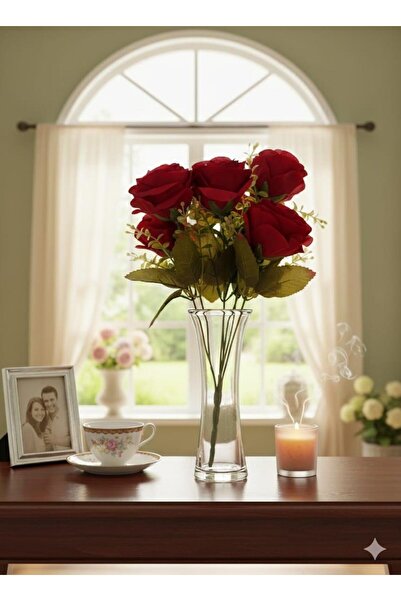 YAPAY ÇİÇEK DERYASI باقة ورد حمراء مع 7 رؤوس من خشب البقس، مزهرية وردية، وعاء...