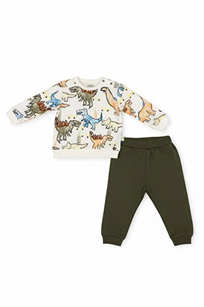 BOBBY JR KİDSWEAR Baby Boy Set Dinosaur Patterned Ecru Khaki