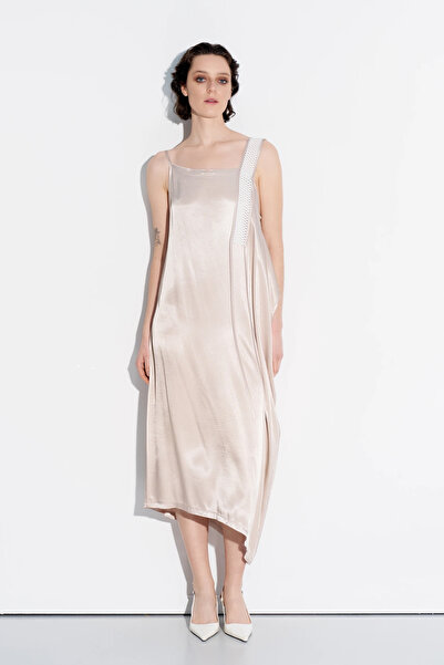 BIZEFASHION File Askılı Saten Elbise - Bej