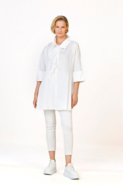 BIZEFASHION Ön Patı Volanlı Gömlek - Beyaz