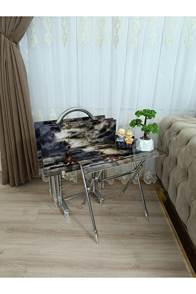 EVKO MOBİLYA Çanta Zigon Sehpa, 4'lü Sehpa, Zigon Sehpa, Servis Sehpası, Caml...