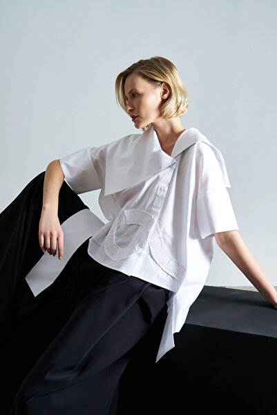 BİZE Pilise Motifli Gömlek - Beyaz