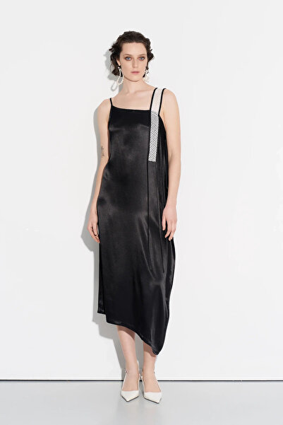 BIZEFASHION File Askılı Saten Elbise - Siyah