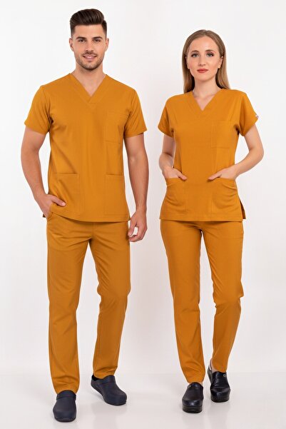 Nur Medikal Giyim Set de top și fund din lycra de culoare muștar