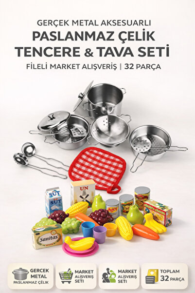 YILDIRIM OYUNCAK Metal Paslanmaz Çelik Oyuncak Kabartmalı Tencere Seti 11 Par...