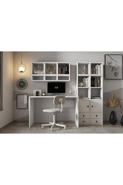 Nettrends Arbeiten Modern Kitaplıklı Çekmeceli Beyaz Çalışma Masa CMS-1001