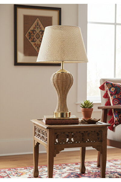 Decodelight Metal Gold Ayaklı Gövdesi Hasır İp El İşi Örmeli Modern Abajur Mo...