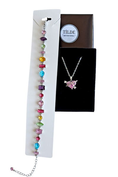 Tilde Renkli Zirkon Taşlı Çelik Bileklik & Satürn Kalp Kolye Seti – Özel Gün ...