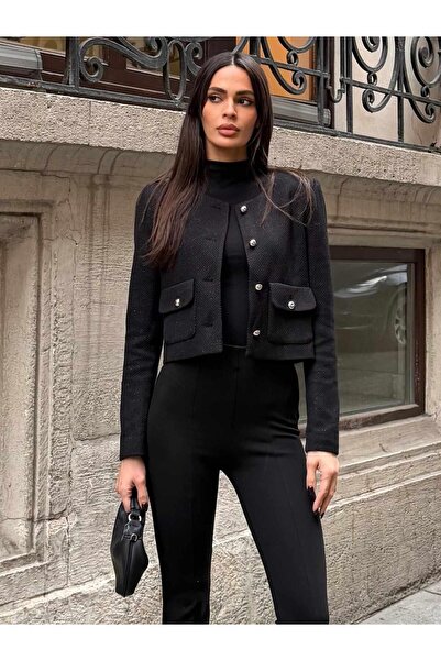 Juste Dokulu Bisiklet Yaka Düğme Detaylı Ceket Siyah