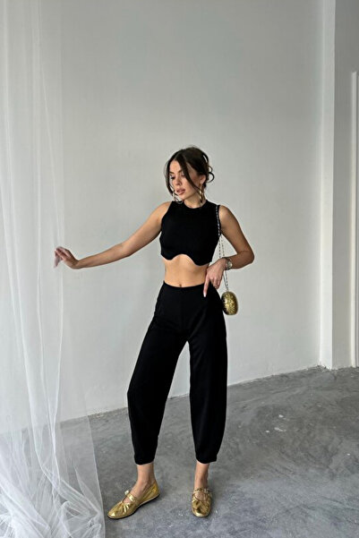 FEVİLLE Kadın Siyah KREP KUMAŞ LİKRALI ESNEK Şalvar Balon Pantolon