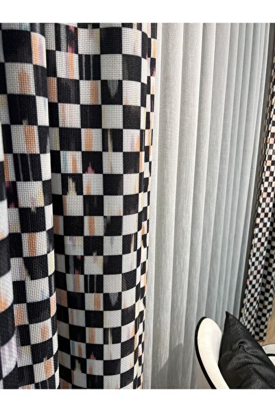 Brillant Pilesiz Ekstraforlu Damalı Fon Perde - Bej-siyah