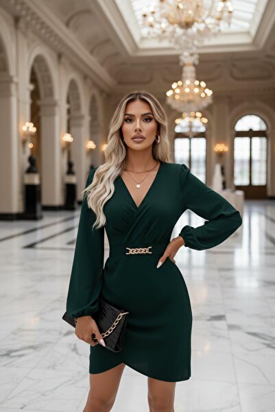 Mossta Double-Breasted Collar Mini Crepe Dress with Chain Detail - Green
