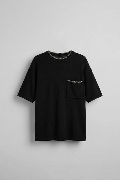 ablukaonline تي شيرت رجالي محبوك قصة فضفاضة بجيب أمامي باللون الأسود