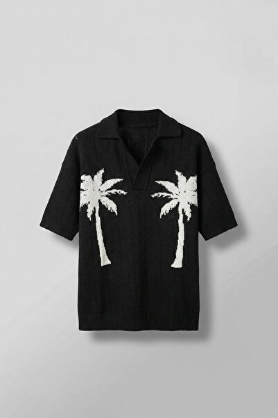 ablukaonline Erkek Oversize Palmiye Desenli Triko T-Shirt Siyah