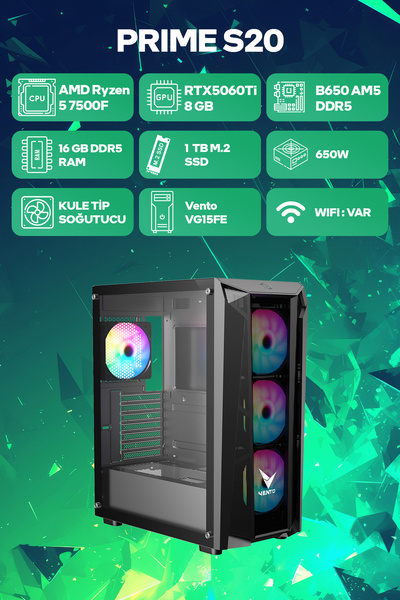 Game Garaj Prime S20 AMD Ryzen 5 7500F 16GB RAM 1TB SSD RTX5060Ti 8GB FreeDOS...