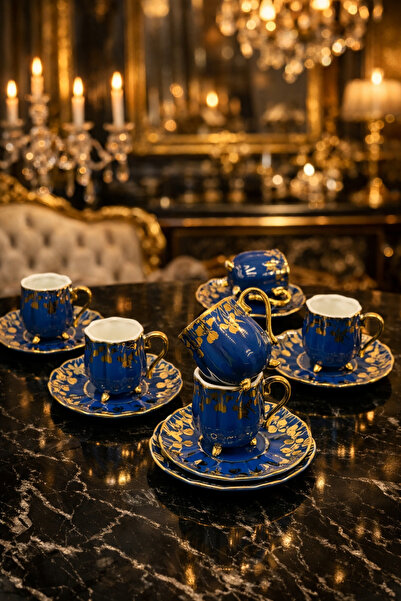 YzHome 6 Kişilik Porselen Yaldızlı Gold Kahve Fincan Takımı Seti 90ml