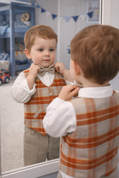 Babydola 0-3 Yaş Ekose Desen Yelek Gömlek Pantolon Papyonlu 3'lü Takım Kiremi...