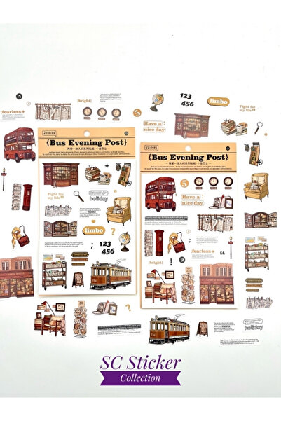 SC Sticker Collection Bus Evening Post Vintage Kitapçı Ve Otobüs Temalı 2 Yap...
