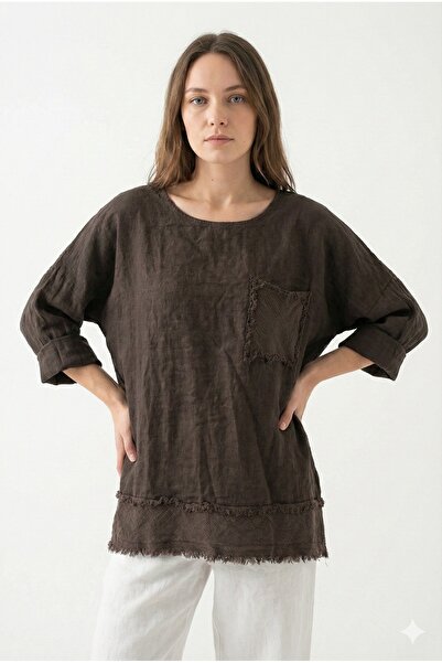 della moor Bluză maro din in, cu mâneci 4/3, cu ciucuri, în stil italian