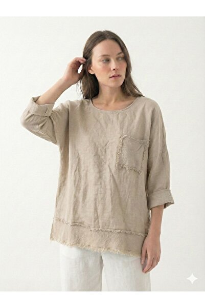 della moor Bluză casual din in, cu mâneci 4/3, cu ciucuri, bej, italiană