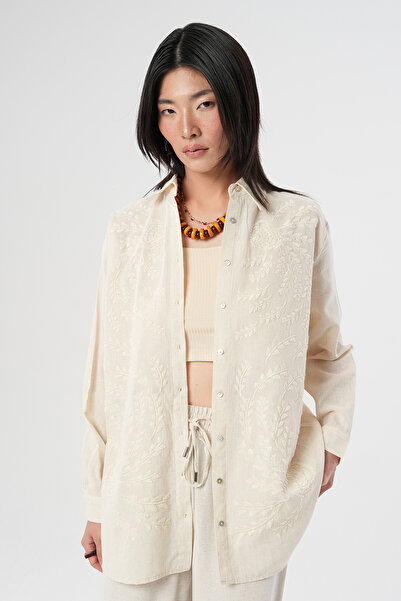 Orfeo Negro Women's Minimalist Leaf Embroidered Cotton Linen Oversized Shirt