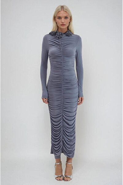 Lijuri Stretch Fabric Dress with Rose Detail on the Collar and Gathered Detai...