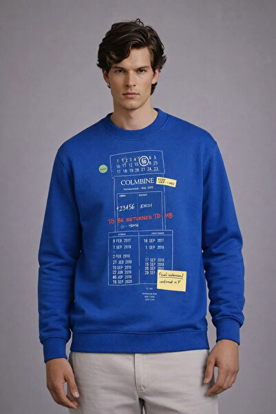 COMBİNE MİCHAİL Men's Casual Front Printed Blue Sweatshirt