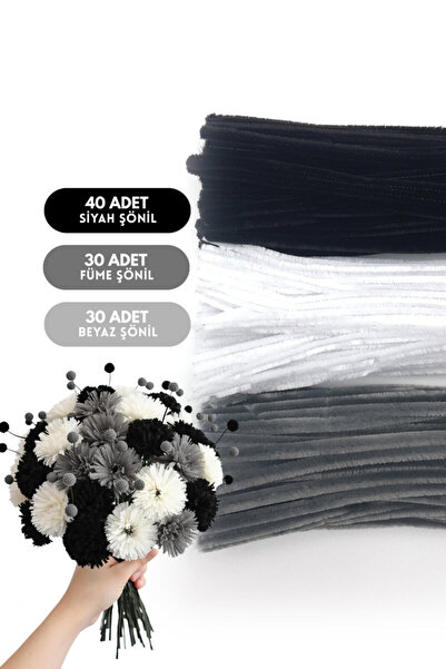 Bimotif 100lü tüylü tel şönil, 30 cm (40 adet Siyah, 30 adet Füme, 30 adet Be...