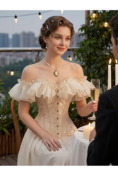 Tual Bej Kabartmalı Vintage Straplez Korse Büstiyer