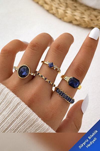 The Collection 4'lü Kombin Kristal Mavi Taşlı Model Gold Yüzük Set