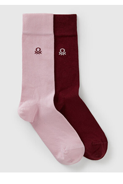 United Colors of Benetton Unisex Pink-Burgundy Cotton Blend Set of 2 Long Soc...