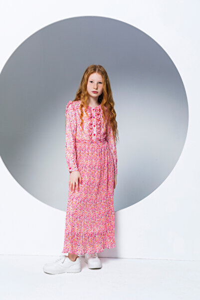 incity Girl's Buttoned Ruffle Detailed Long Sleeve Dress-New Season