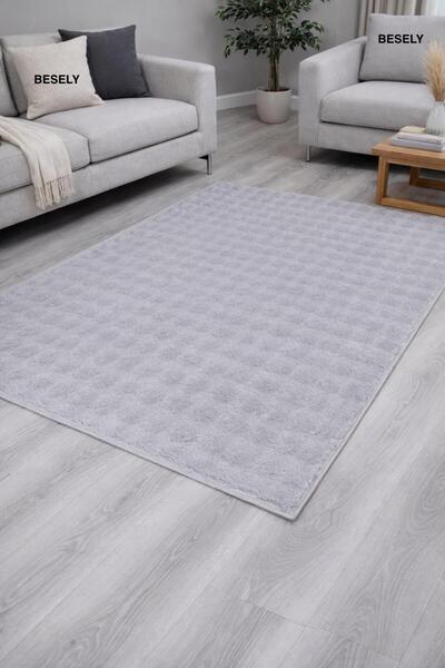 BESELY Açık Gri Yumuşak Bubble Kaymaz Özel Taban Modern Peluş Yıkanabilir Ant...