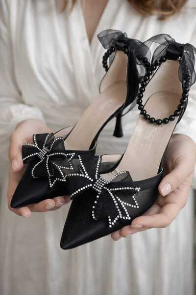 MİKANA MODA High Heeled Shoes with Bow and Pearls, Black Satin with Pearls an...