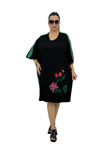 DARKWIN Plus Size Floral Motif Stoned Short Sleeve Midi Dress