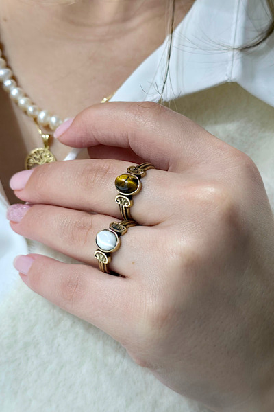 NBS Beautiful Naturel Stones Vintage 2 Pieces Pure Copper Ring Tiger's Eye, S...