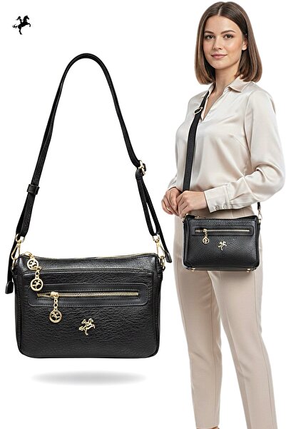 Nas Bag Çok Bölmeli Kadın Omuz Çapraz Çanta Siyah Gold Detaylı Yeni Sezon