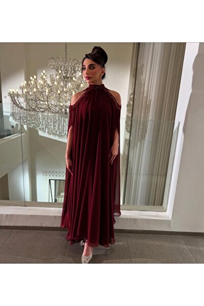 Sukar Chiffon dress with burgundy embroidery