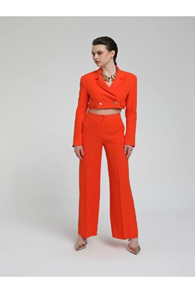 codemark Crop Cut Button Detail Jacket and High Waist Wide Leg Pants Women's Set