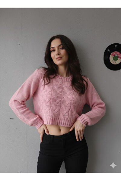 Sublime Butik Kadın Şeker Pembe Selanik Örgü Uzun Kollu Bisiklet Yaka Triko K...