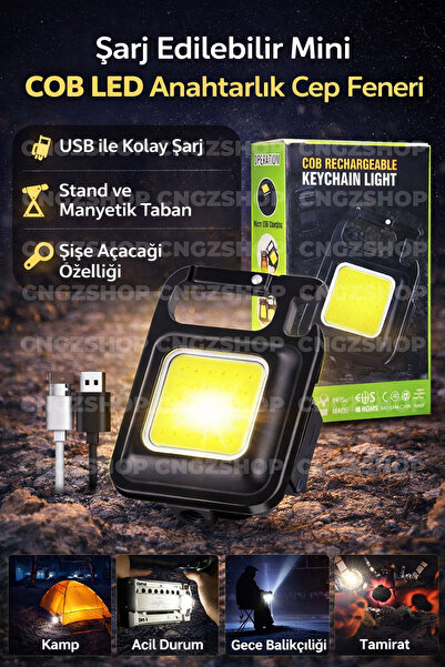 CNGZSHOP Çok Amaçlı Mini COB LED Anahtarlık El Feneri | USB Şarjlı Cep Feneri...